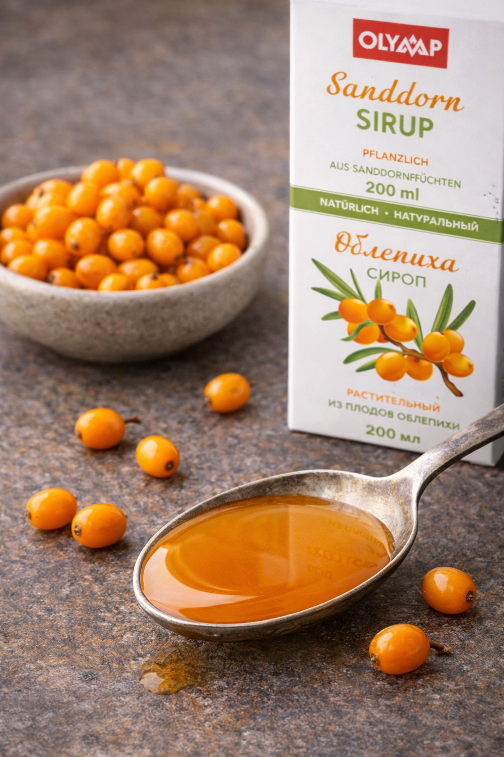 MAK- Eastern European Delicatessen OLYMAP Sea Buckthorn Syrup natural supplement 200ml bottle package