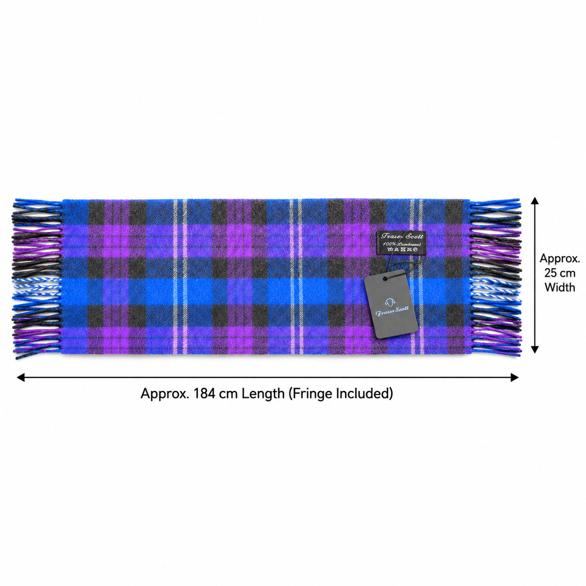 Blue and purple tartan lambswool scarf dimensions showing approximately 184 cm length and 25 cm width