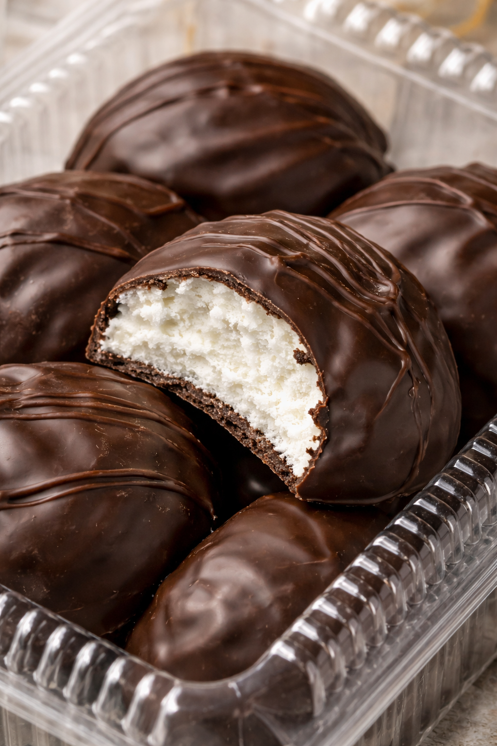 Close up of chocolate glazed marshmallow cake with soft white vanilla filling inside – Eastern European chocolate coated sponge dessert