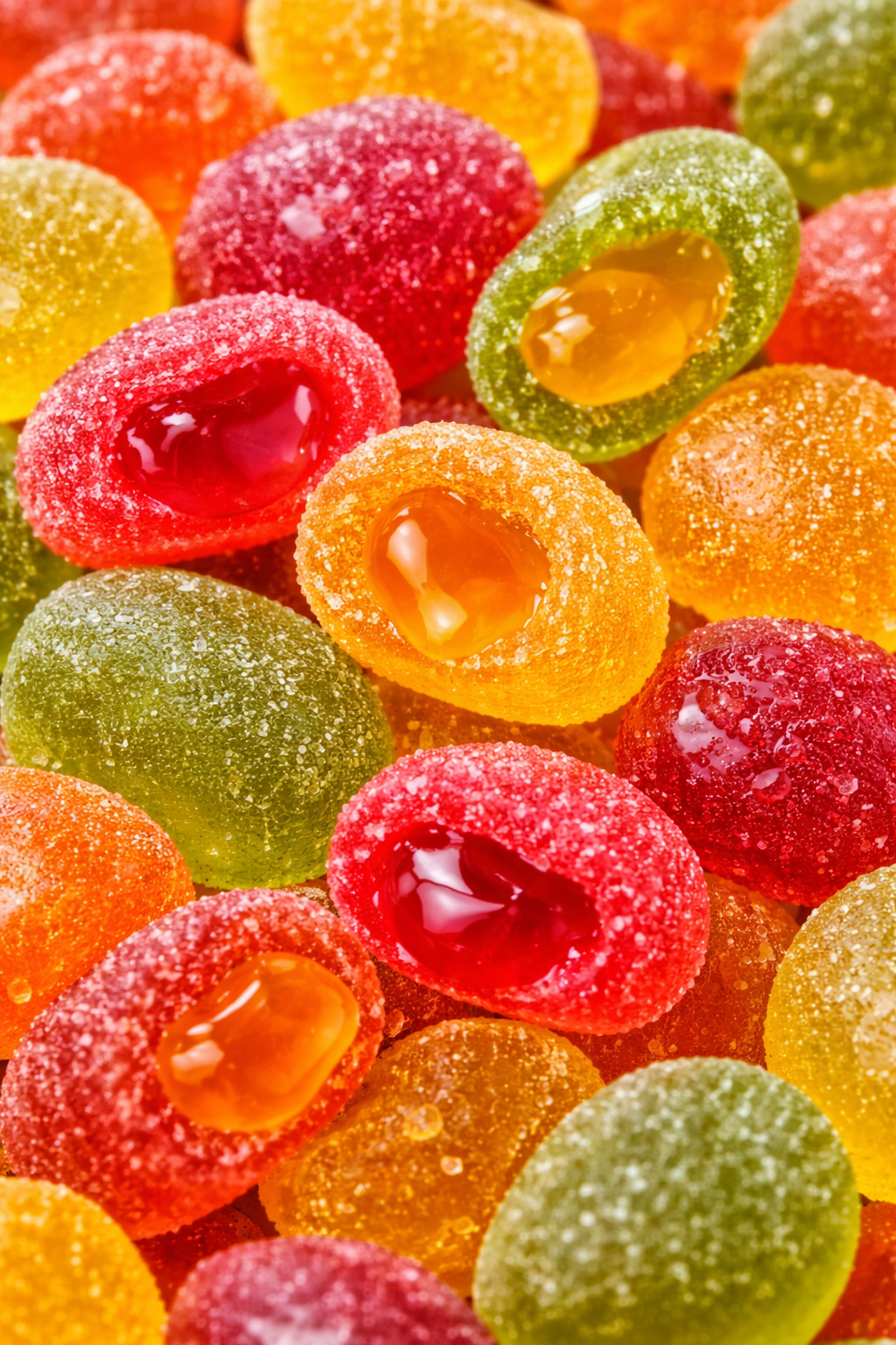 Close up of Roshen Crazy Bee fruit gummy sweets with sugar coating and liquid filling centre, colourful soft gummies texture detail