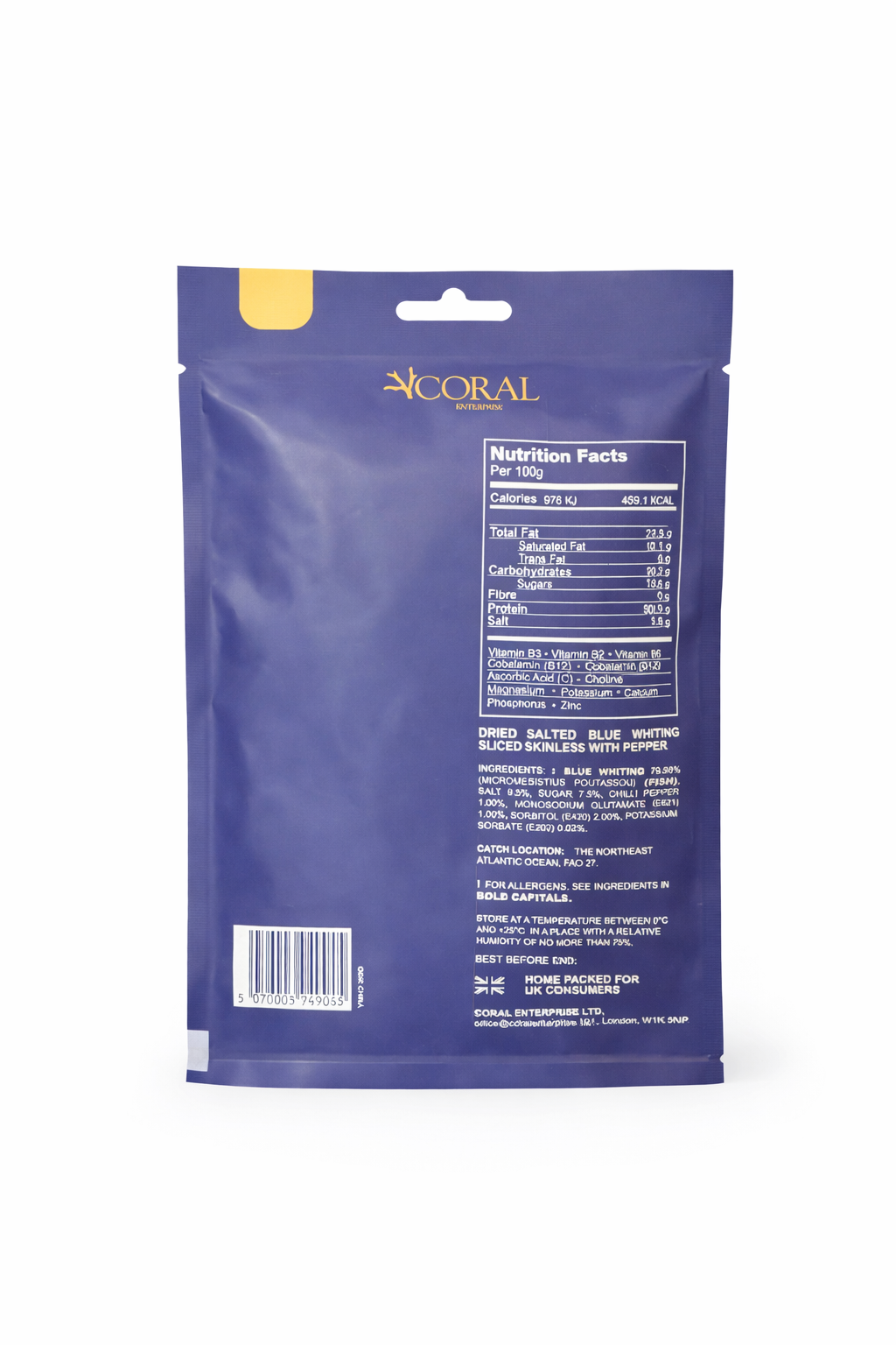 coral blue whiting strips with pepper dried seafood snack 37g salted dried fish package side view