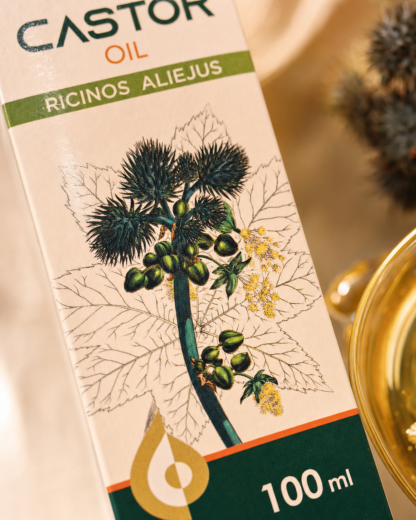 Close-up of Castor Oil Ricinos Aliejus packaging botanical castor plant illustration