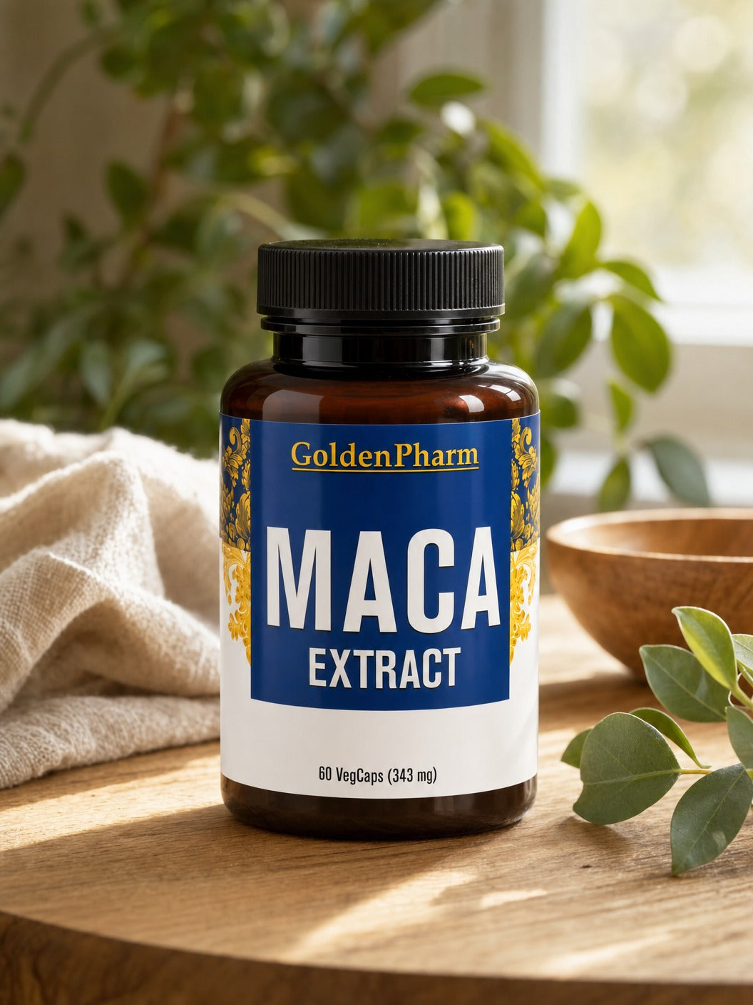 GoldenPharm Maca Extract herbal supplement 60 VegCaps natural wellness package