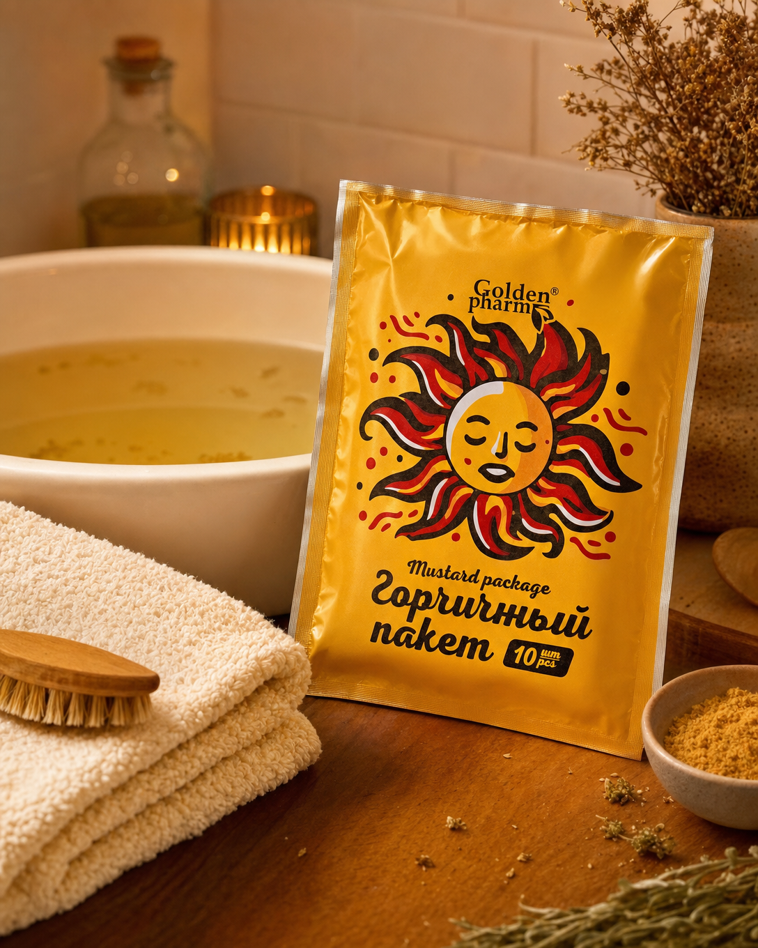 GoldenPharm Mustard Powder Sachets 10 Pack warming foot bath natural supplement package