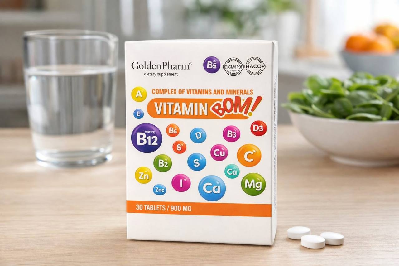 GoldenPharm Vitamin Bom! Complex of Vitamins & Minerals 30 Tablets 900mg natural supplement package