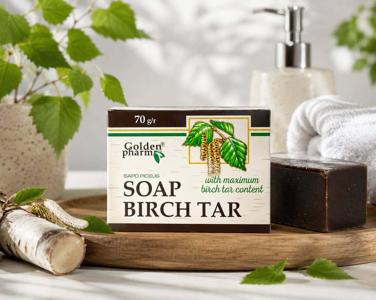 Golden Pharm Birch Tar Soap with soap bar, birch branch and towels lifestyle image