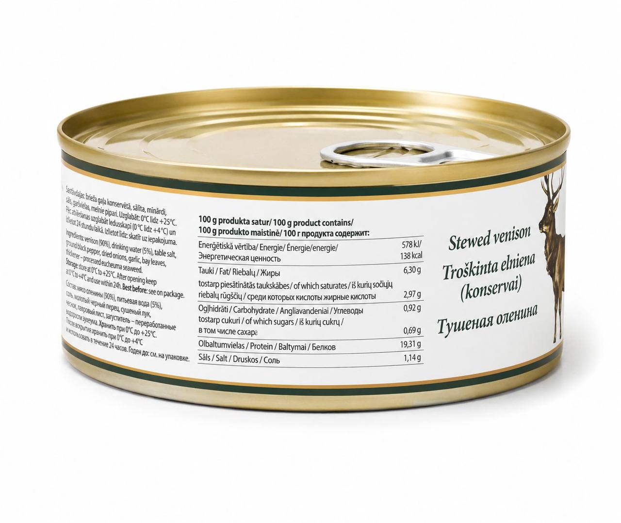 Baltic Wild Stewed Venison ingredients and nutrition label side view