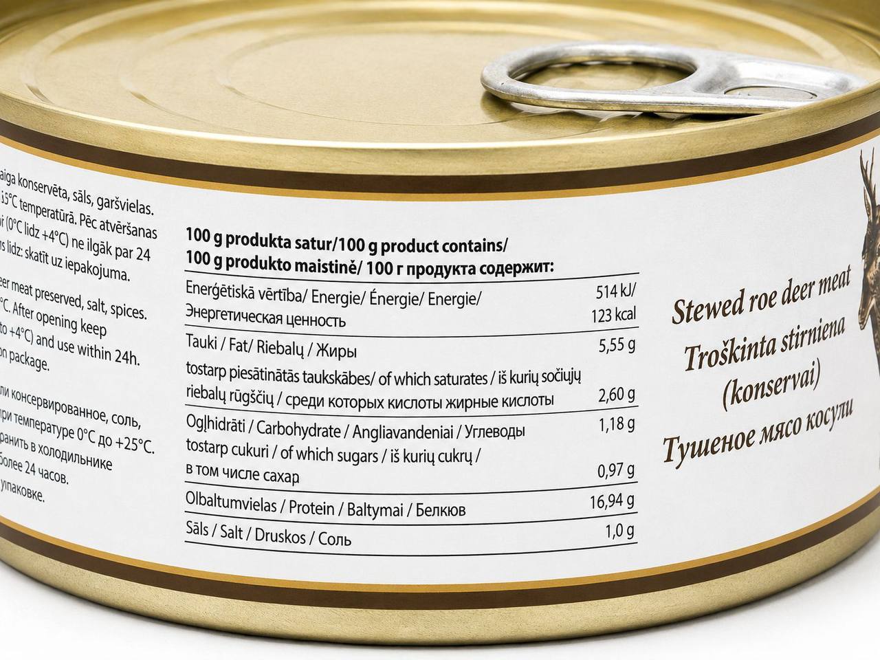 Baltic Wild Stewed Roe Deer Meat nutrition label close-up