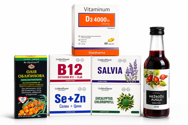 Eastern European vitamins and supplements collection including Vitamin D3 4000 IU, B12, Salvia, Se+Zn, sea buckthorn oil and rosehip syrup