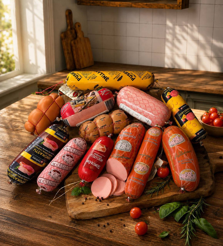 Eastern European sausages and cold meats on wooden cutting board