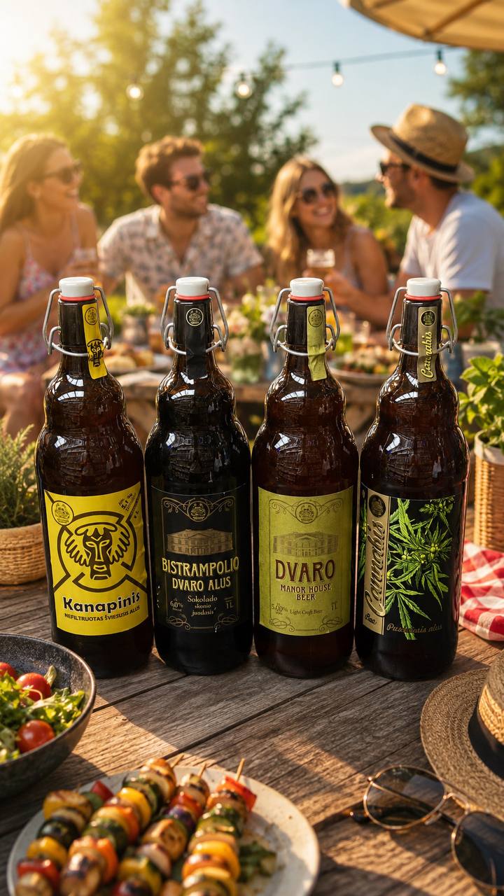 Lithuanian craft beers Kanapinis and Dvaro at outdoor BBQ