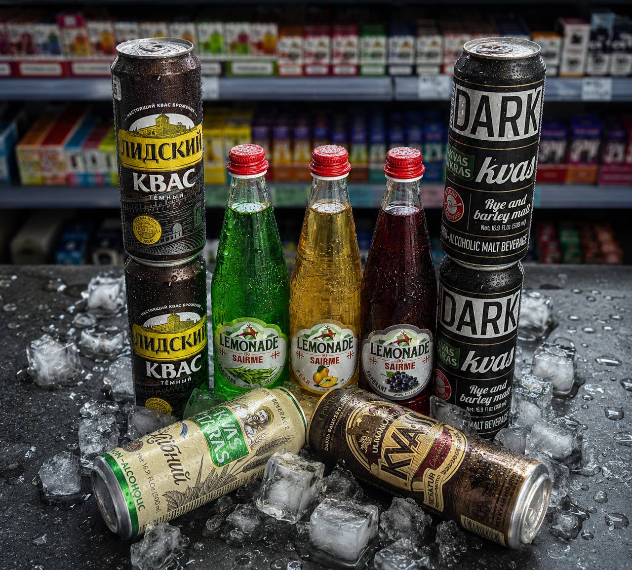 Kvass cans and Sairme lemonade bottles on ice