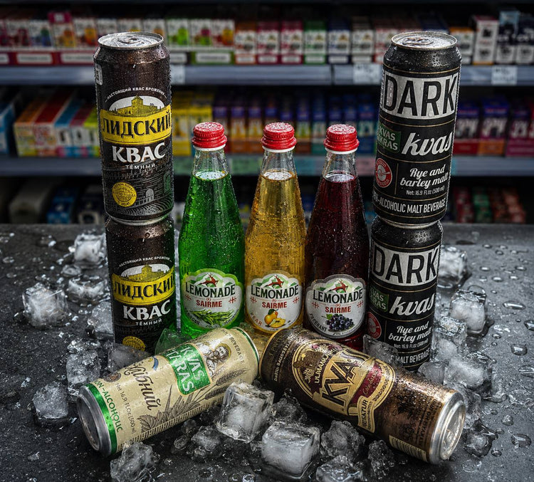 Kvass cans and Sairme lemonade bottles on ice