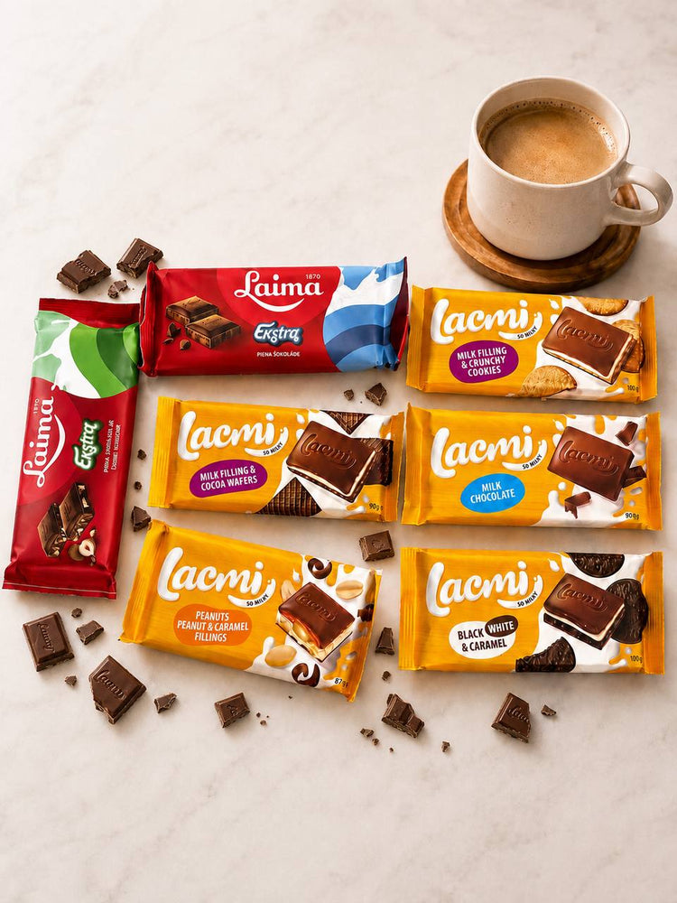 Laima and Lacmi chocolate bars flat lay with coffee