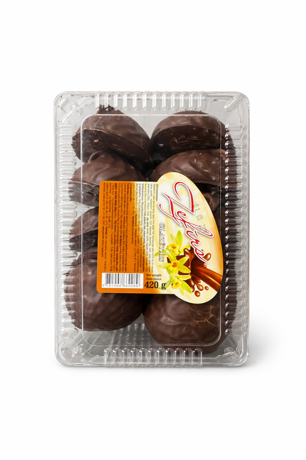 Chocolate glazed vanilla marshmallow cakes 420g in clear plastic container – Eastern European chocolate coated sponge cakes with soft white filling
