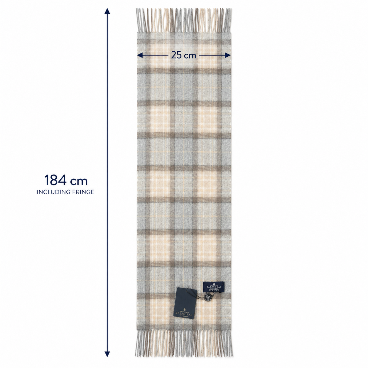 House of Balmoral tartan scarf showing approximate dimensions of 184 cm by 25 cm