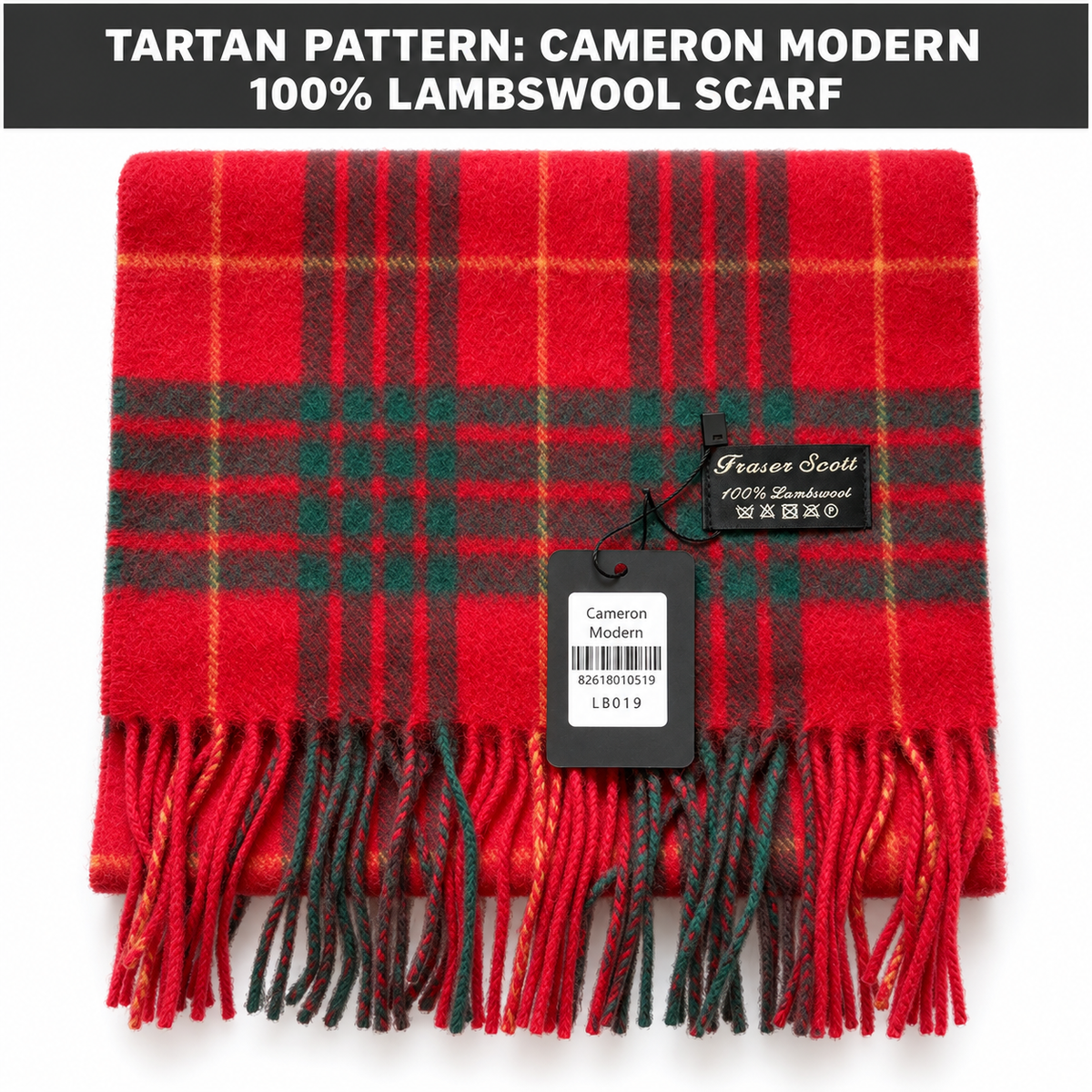 Fraser Scott Cameron Modern tartan 100% lambswool scarf in red and green with product banner