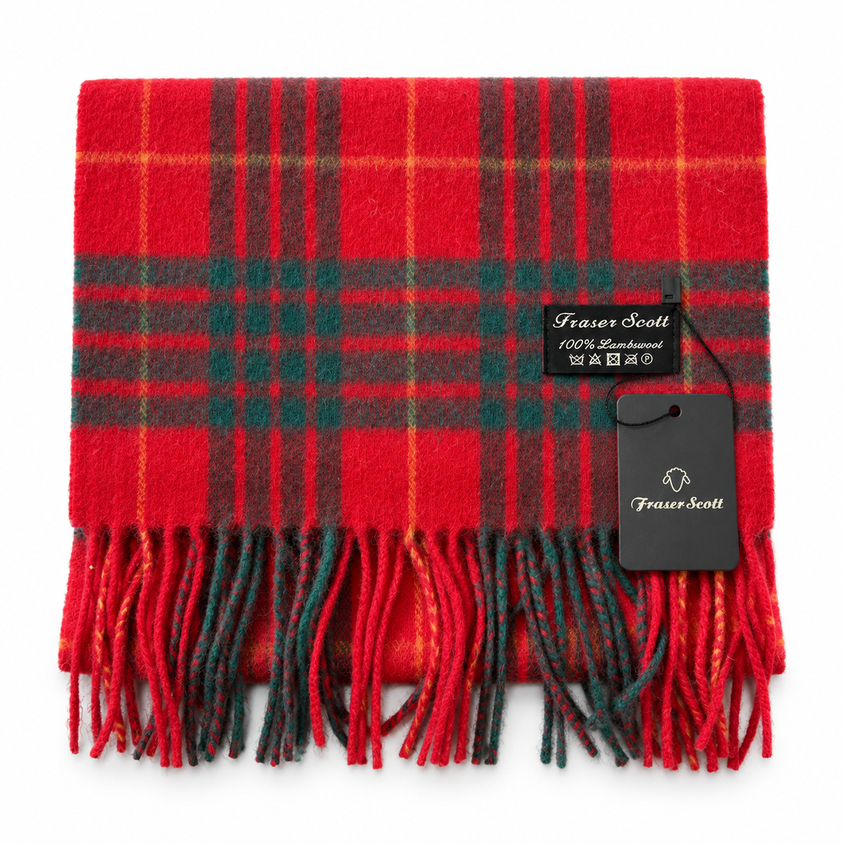 Folded Fraser Scott Cameron Modern lambswool scarf showing red tartan pattern, fringes and attached tags