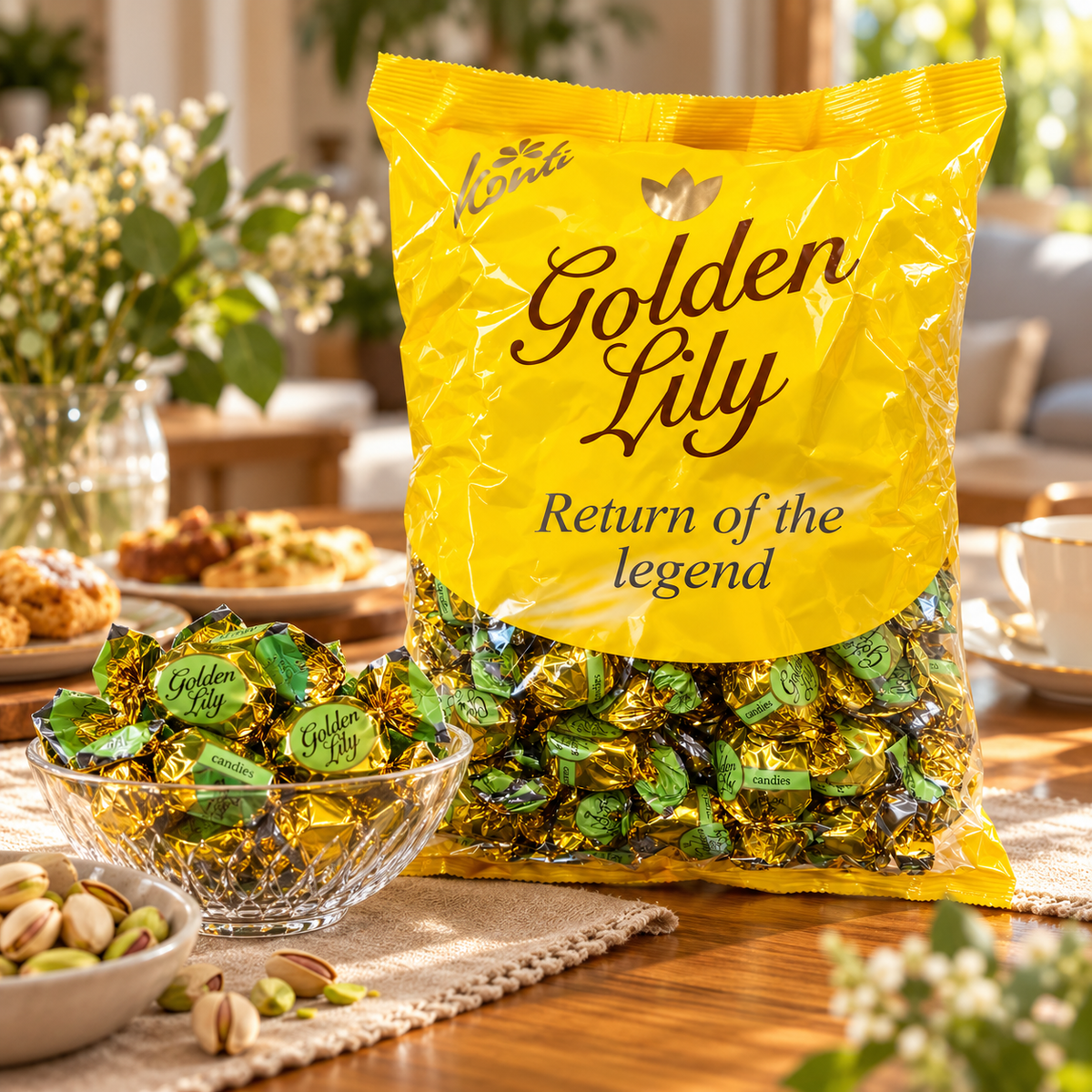 Konti Golden Lily sweets bag beside a glass bowl of wrapped candies on a wooden table with tea and pastries.