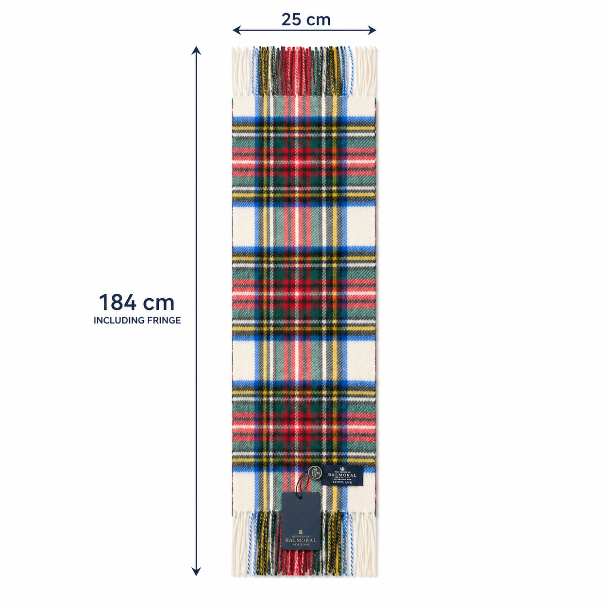 Dress Stewart tartan lambswool scarf dimensions showing approximately 184 cm long and 25 cm wide