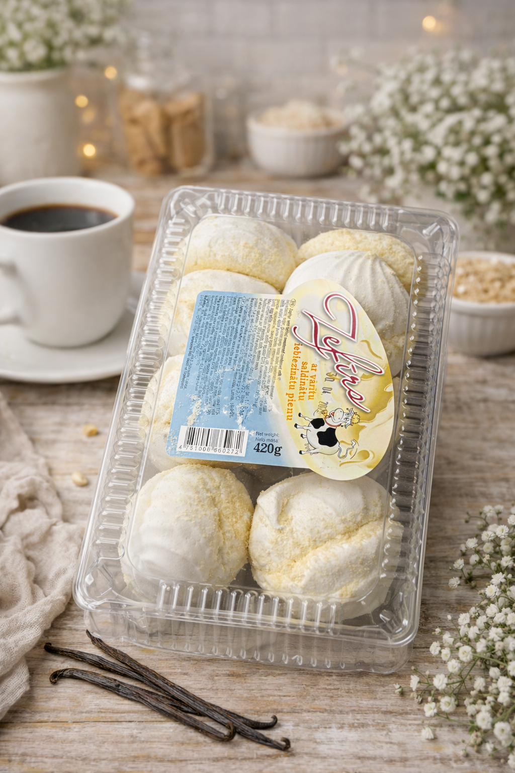 Vanilla marshmallow cakes 420g pack on wooden table with coffee – soft milk soufflé cakes Eastern European dessert UK
