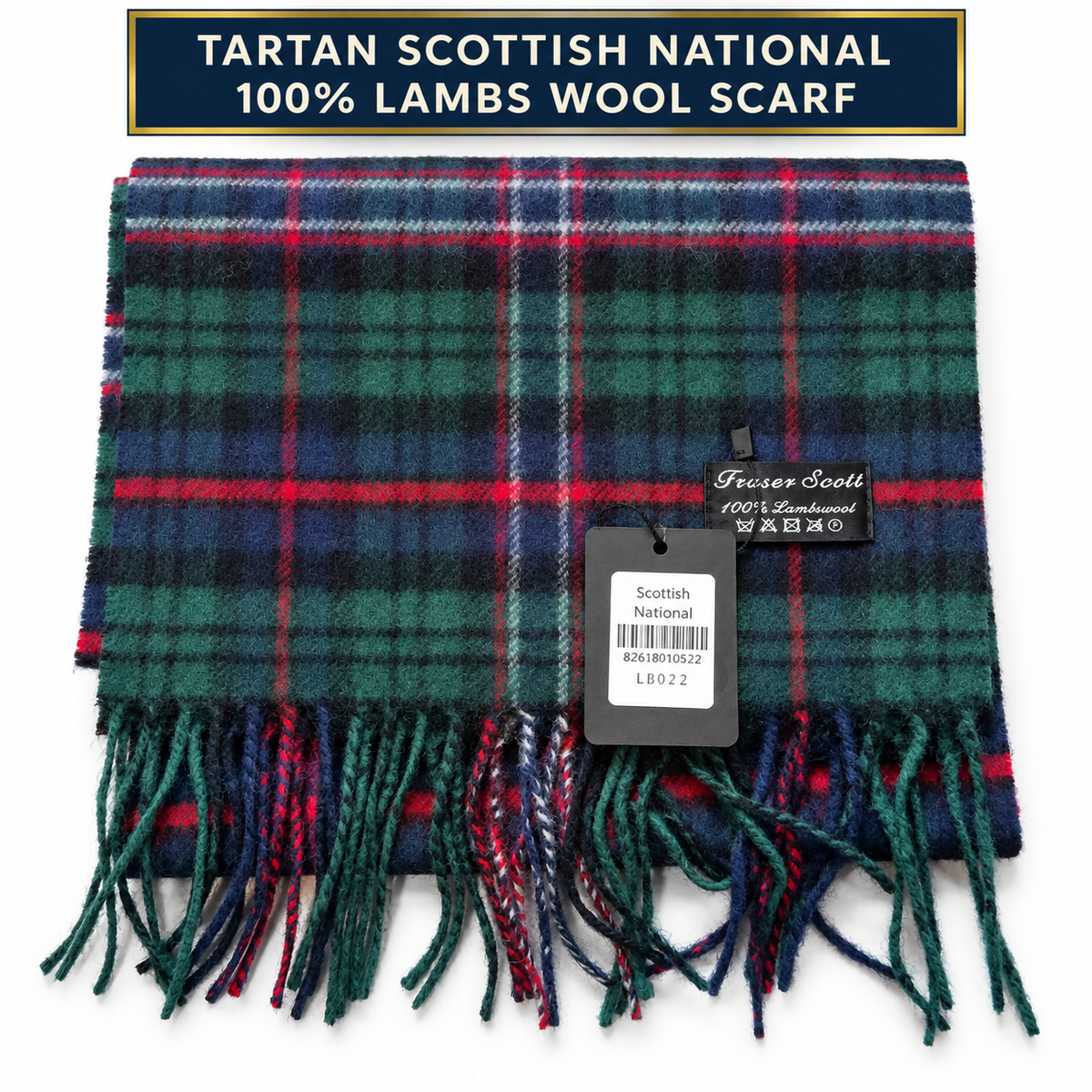    Fraser Scott Scottish National tartan 100% lambswool scarf with product banner and tags