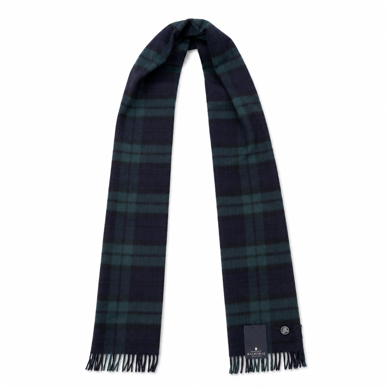 Full-length Black Watch tartan 100% lambswool scarf in navy and dark green with traditional fringed ends