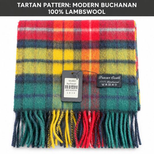 Fraser Scott Scottish National tartan 100% lambswool scarf in green, navy and red with product banner