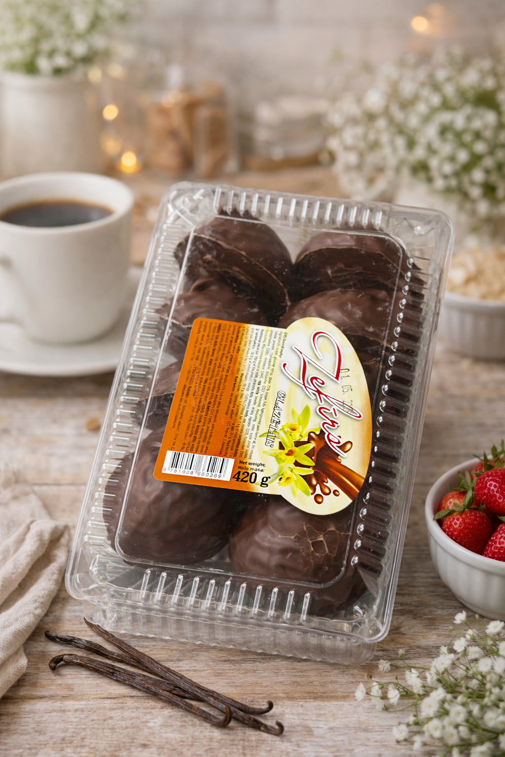 Chocolate glazed vanilla marshmallow cakes 420g pack on wooden table with coffee and strawberries – Eastern European chocolate covered sponge treats