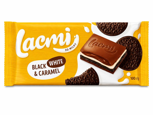 Roshen Lacmi Black White & Caramel 100g chocolate bar with milk chocolate, white filling, caramel and cocoa biscuit pieces