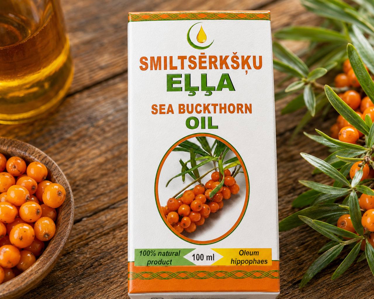 Sea Buckthorn Oil 100ml lifestyle flat lay