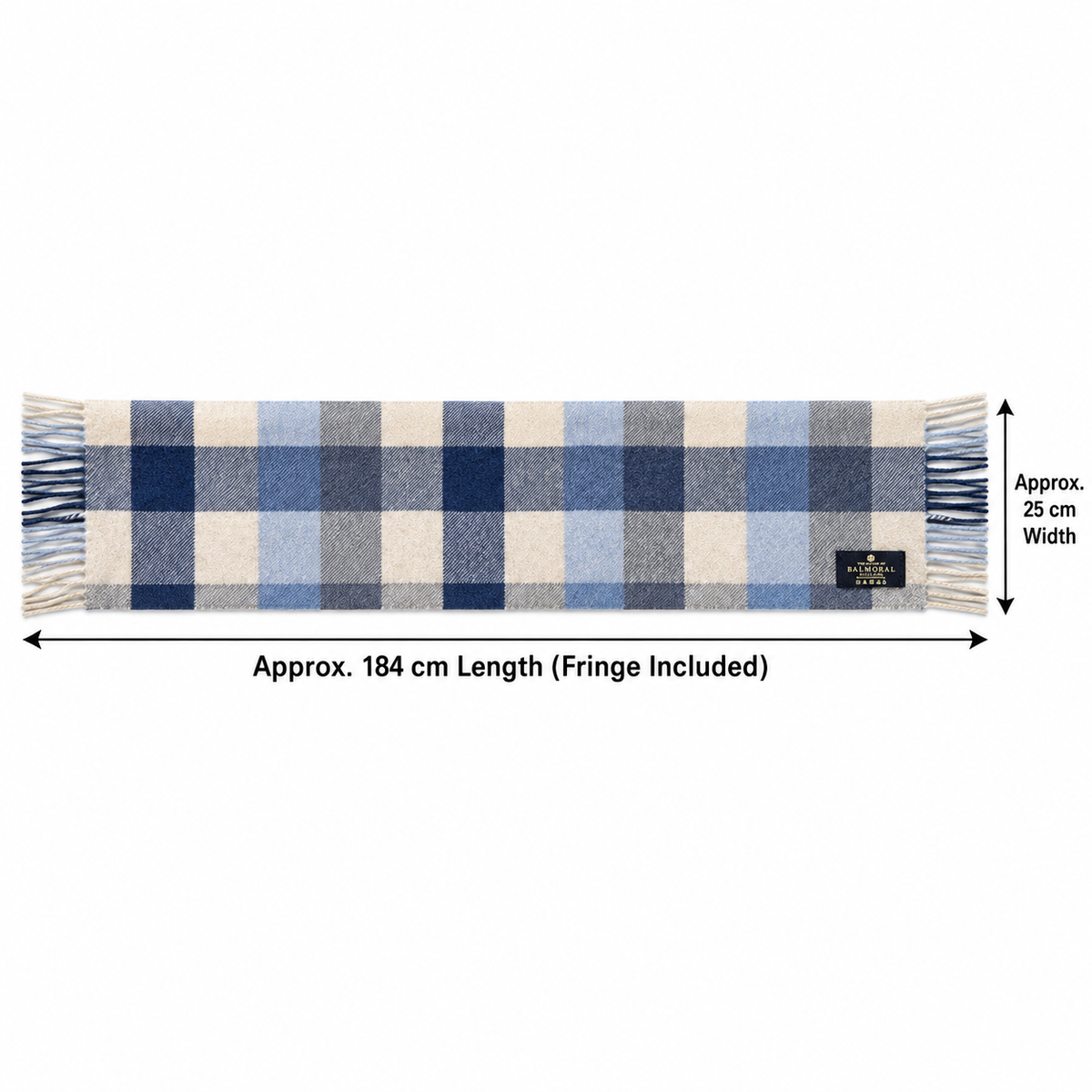    Blue Beige Square lambswool scarf dimensions showing approximately 184 cm long and 25 cm wide