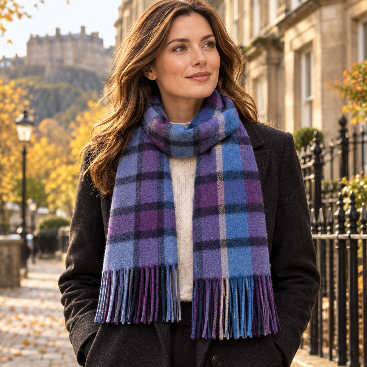     Woman wearing an Edinburgh Artillery Check Navy lambswool scarf with a black winter coat