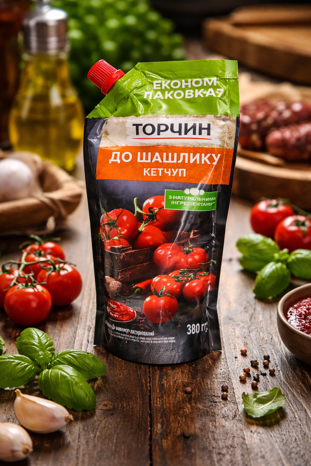 Torchyn Shashlik Ketchup 380g served with grilled meat and fresh tomatoes