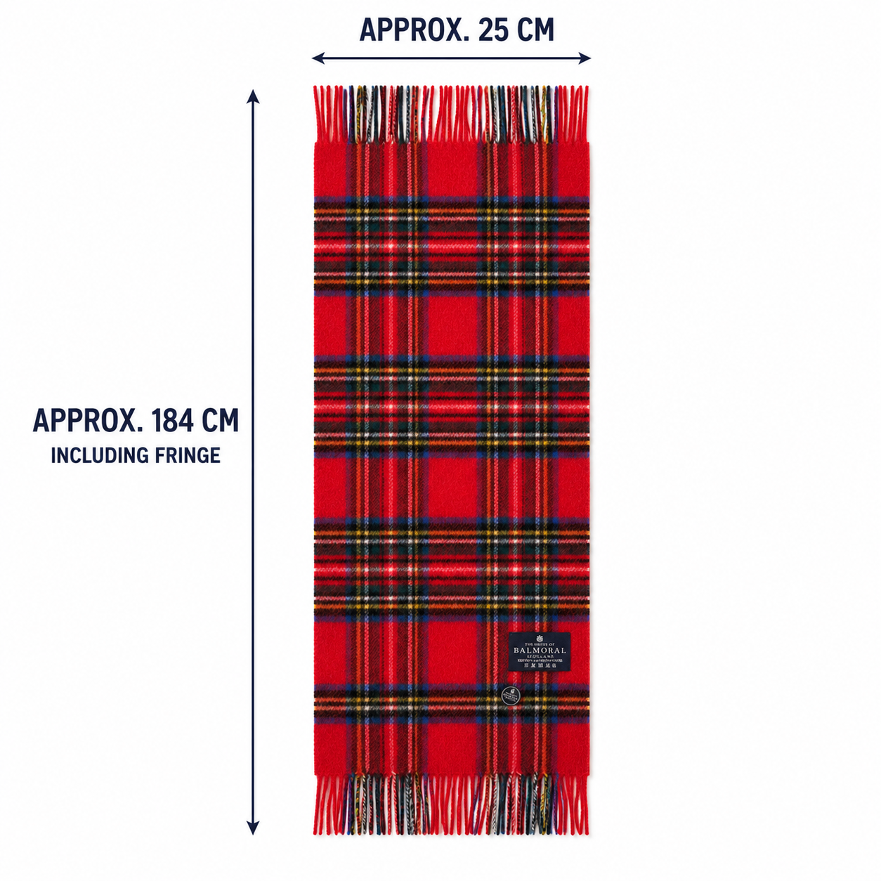 Royal Stewart tartan lambswool scarf showing approximate dimensions of 184 × 25 cm including the fringe