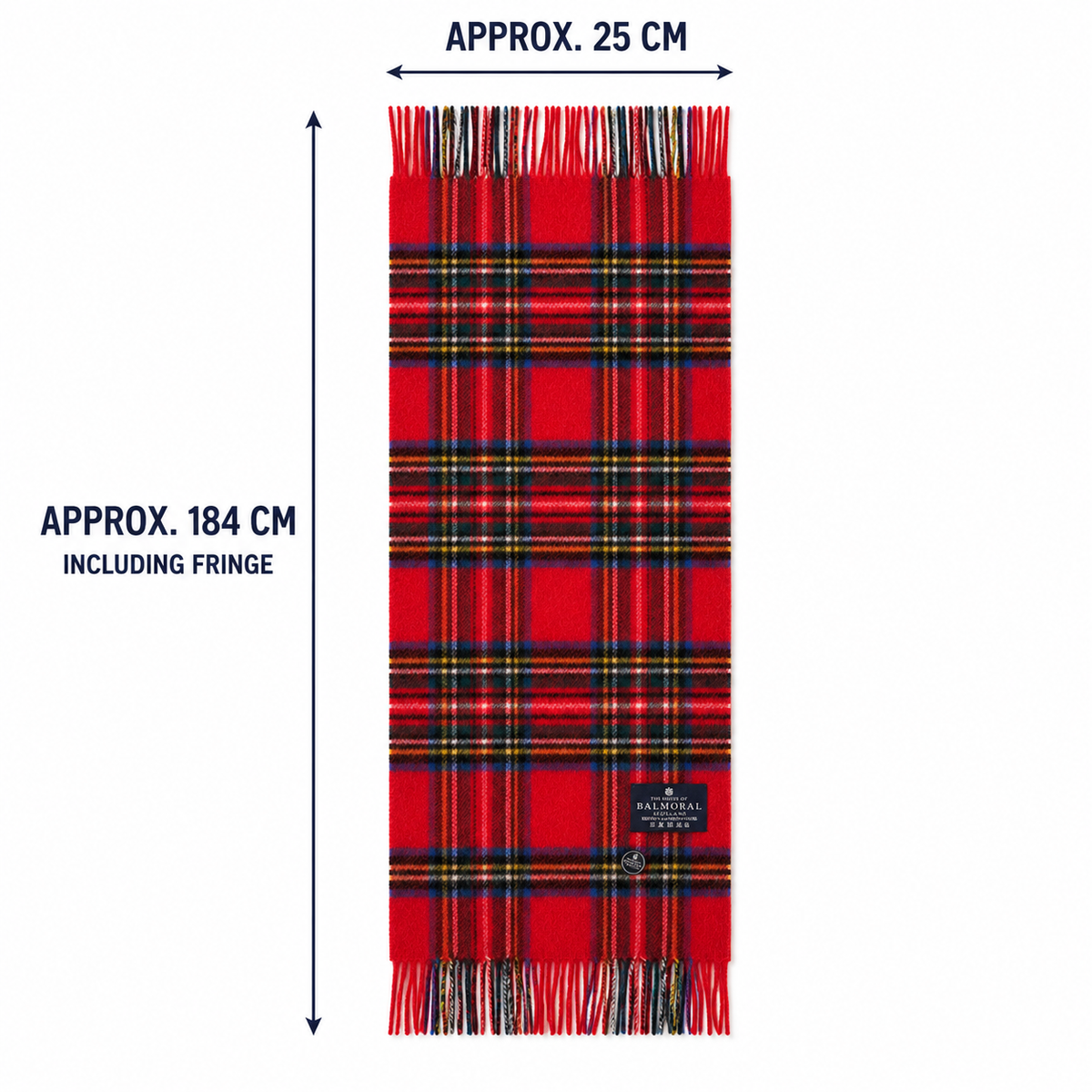 Royal Stewart tartan lambswool scarf showing approximate dimensions of 184 × 25 cm including the fringe