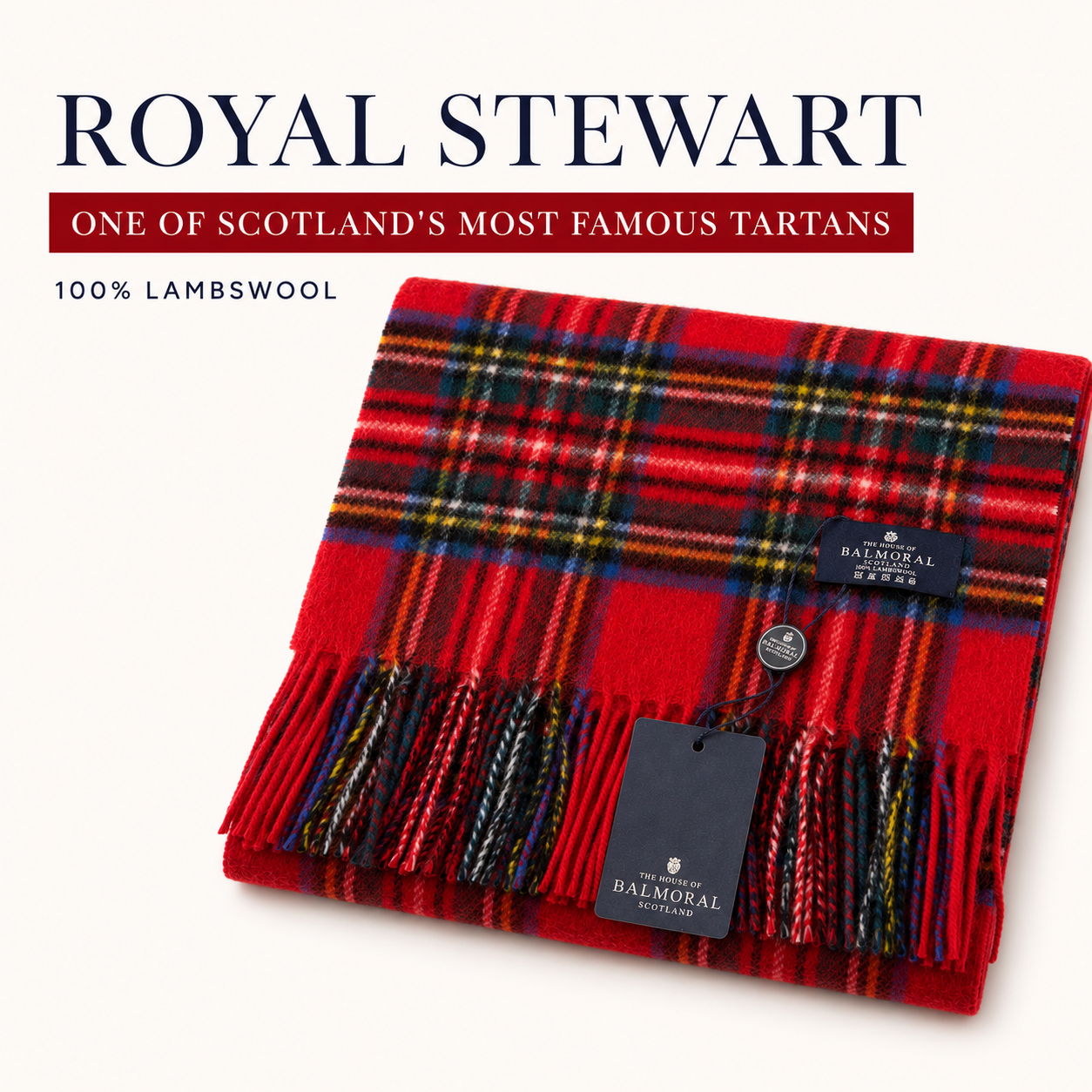 Folded Royal Stewart red tartan scarf by The House of Balmoral, made from 100% lambswool