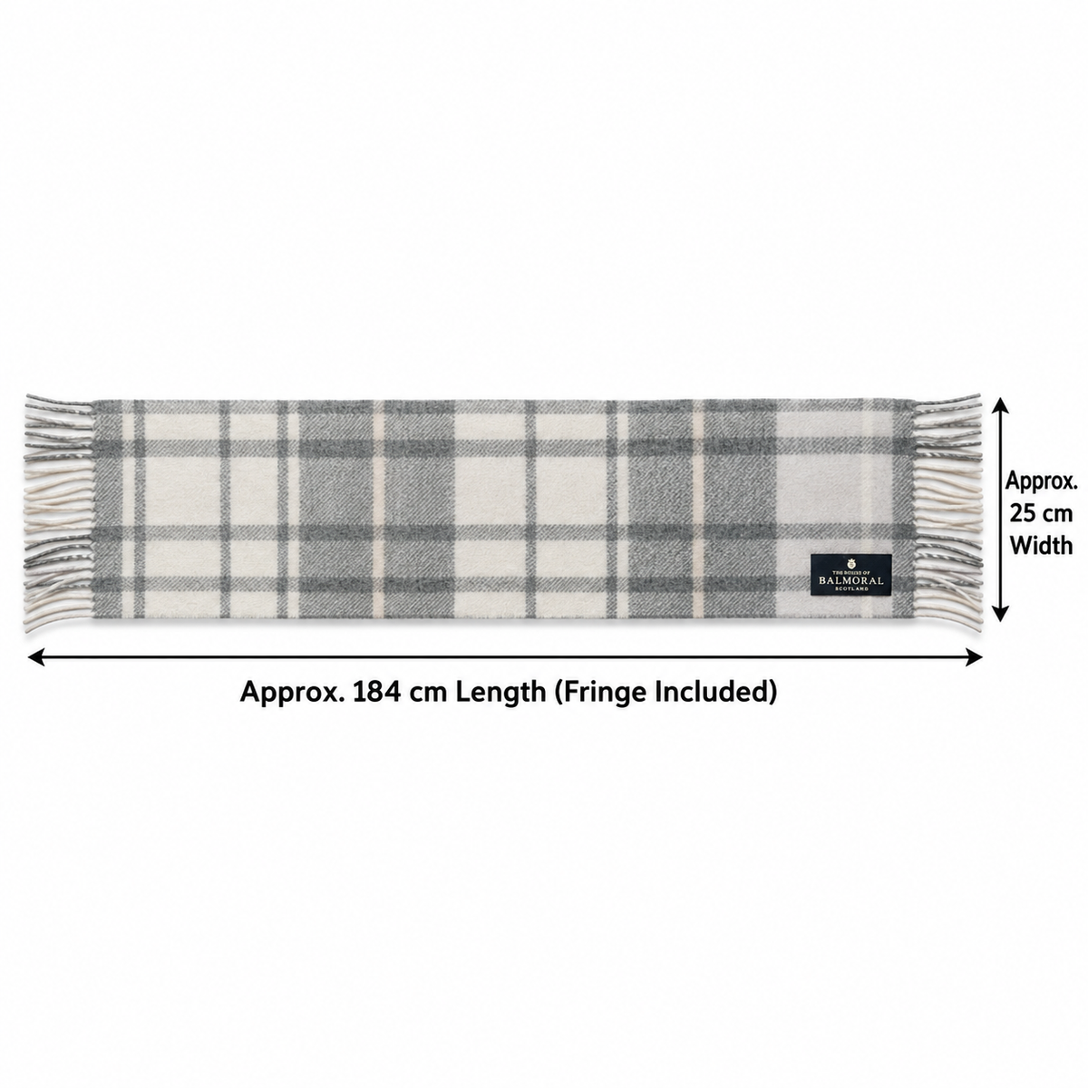     Balmoral Lilac Check lambswool scarf dimensions showing approximately 184 cm long and 25 cm wide