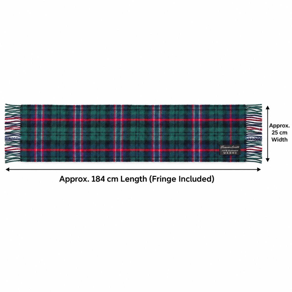     Fraser Scott Scottish National tartan scarf dimensions showing approximately 184 cm long and 25 cm wide