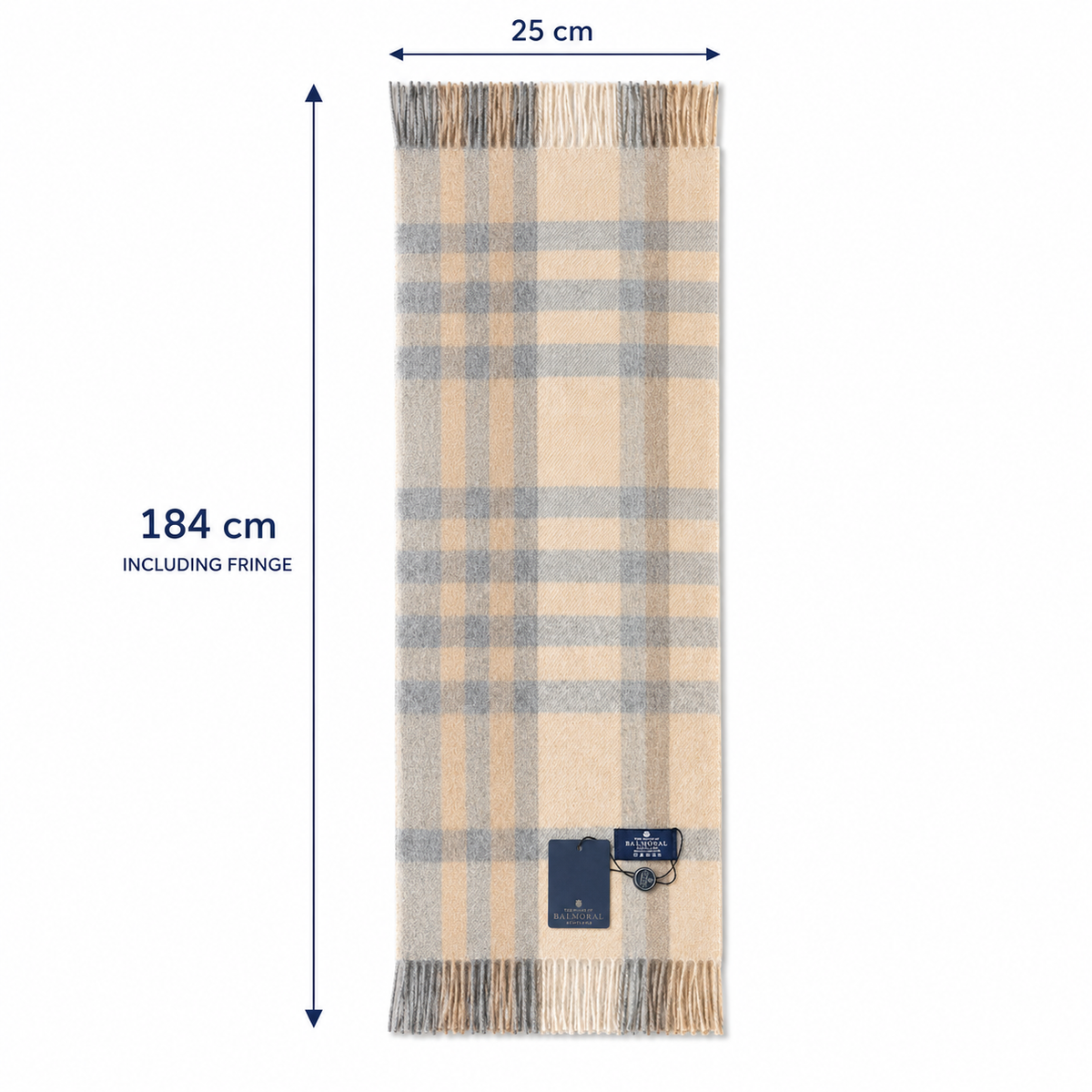 Natural check lambswool scarf measuring approximately 184cm long and 25cm wide, including the fringe