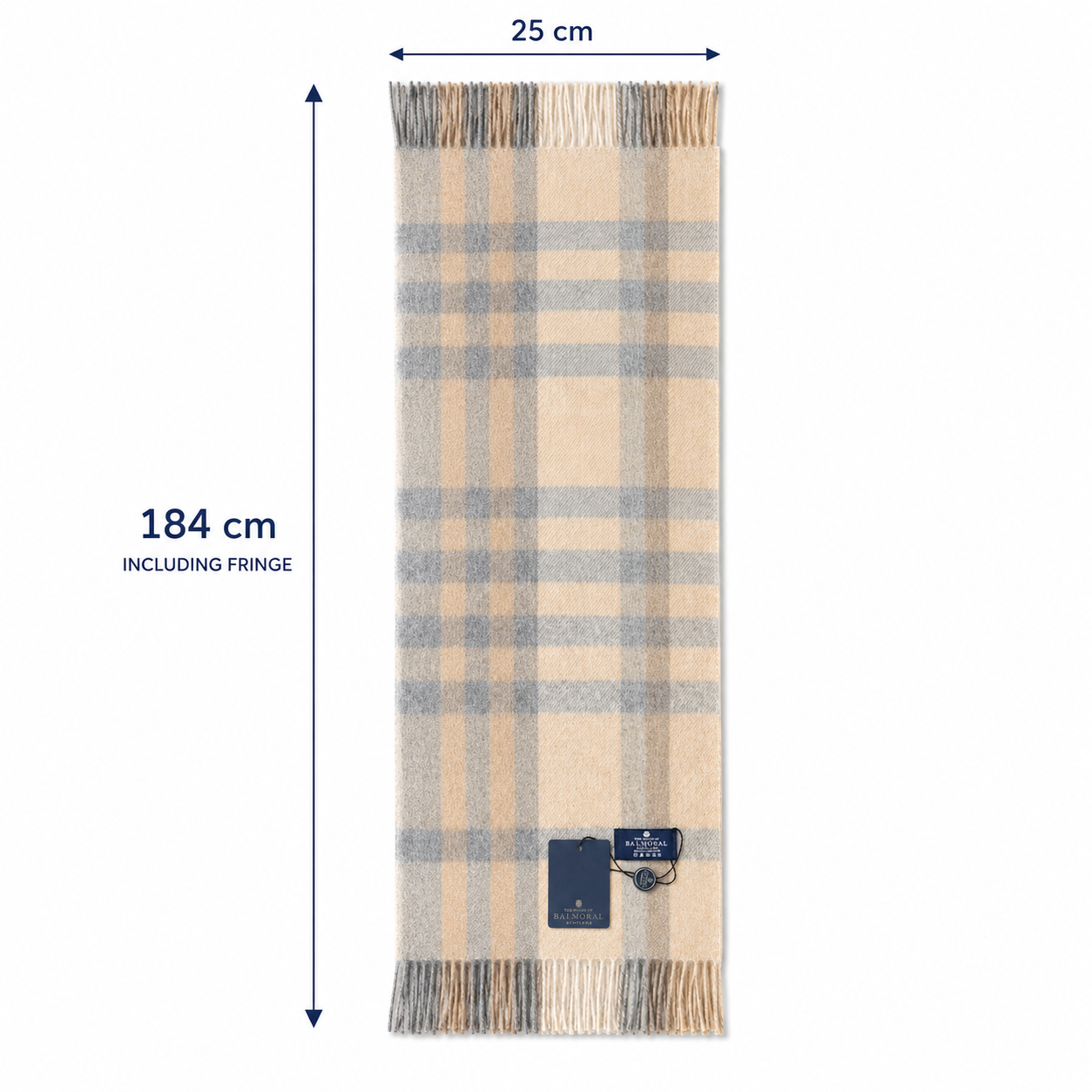 Natural check lambswool scarf measuring approximately 184cm long and 25cm wide, including the fringe