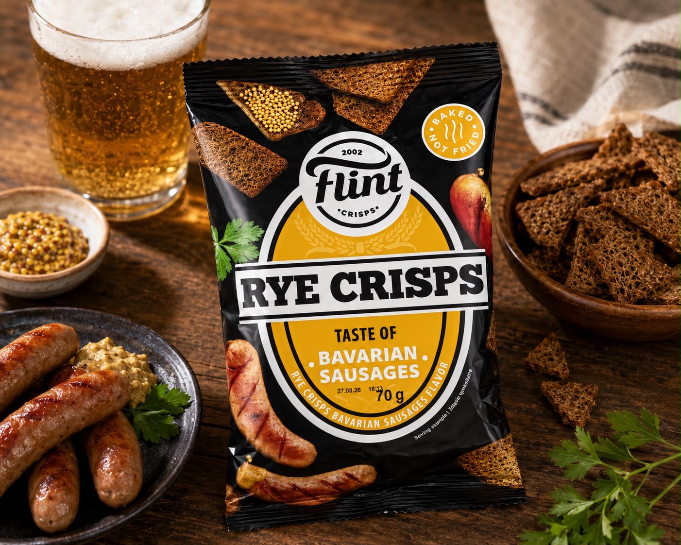 Packet of Flint Rye Crisps with Bavarian Sausages flavour showing golden rye crisps on a wooden board