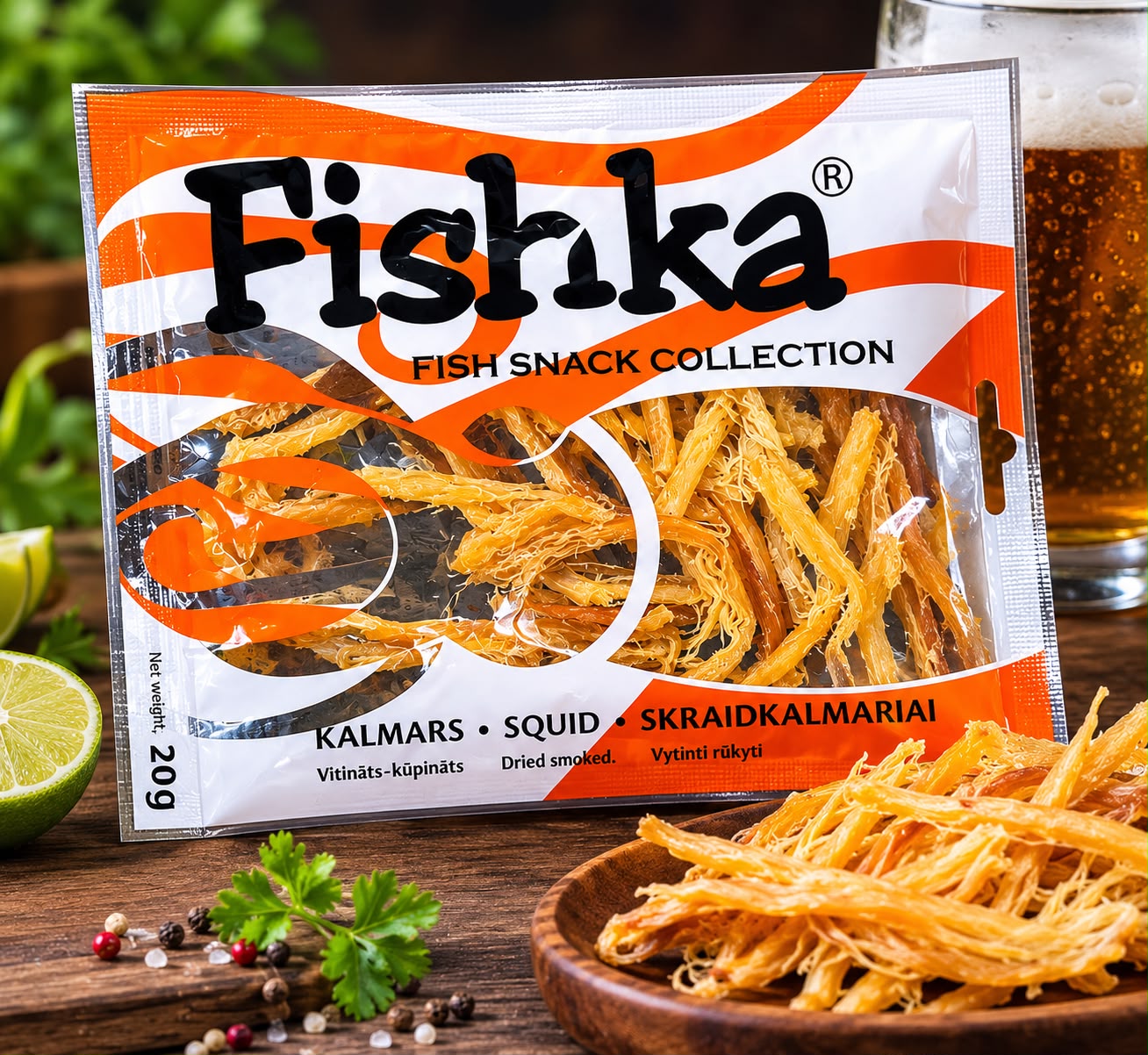 fishka dried smoked squid snack 50g savoury snack package side