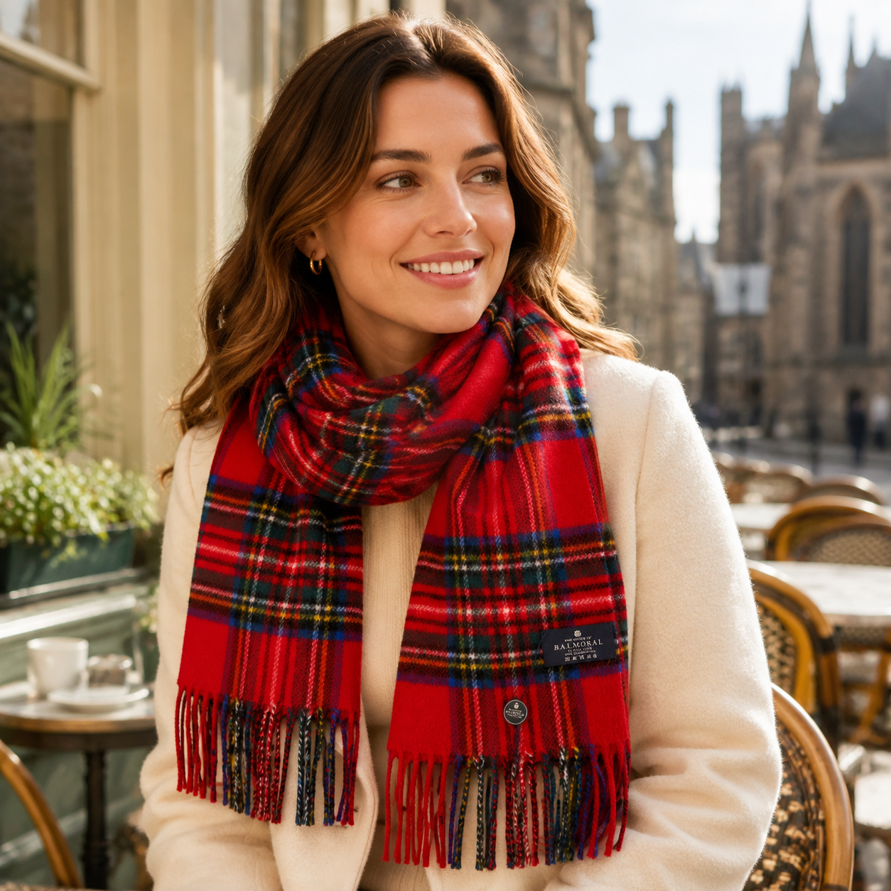 Woman wearing a red Royal Stewart tartan lambswool scarf beside historic Scottish architecture
