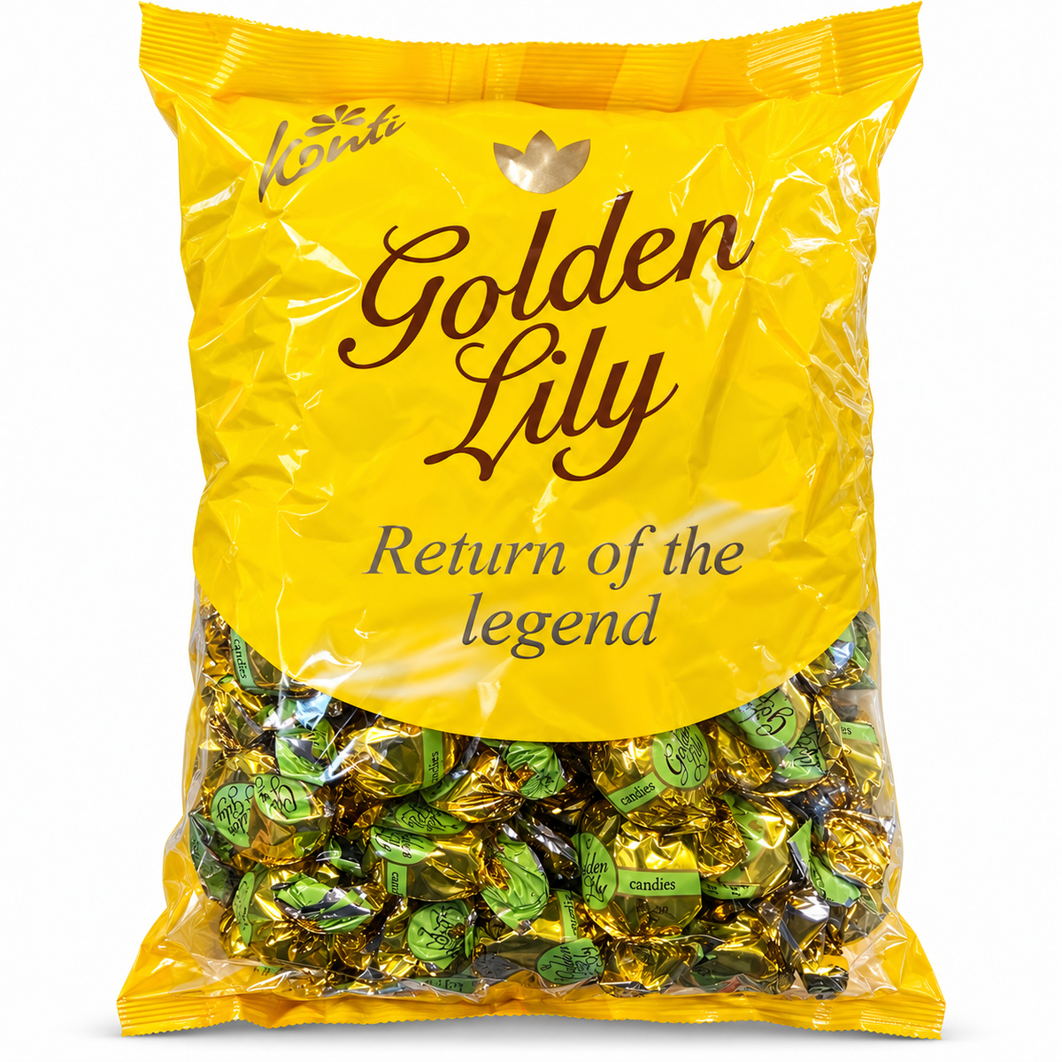 Konti Golden Lily sweets in a yellow sharing bag with individually wrapped gold and green candies on a white background.