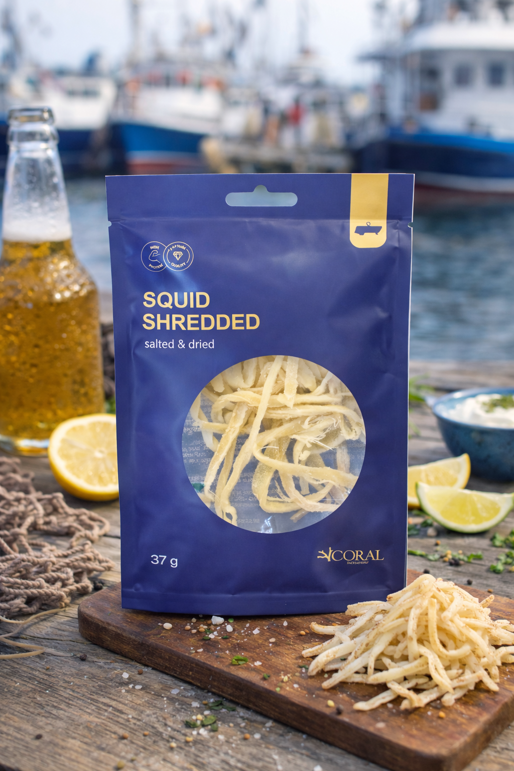 coral shredded squid snack 37g salted dried seafood package served with drink and lemon