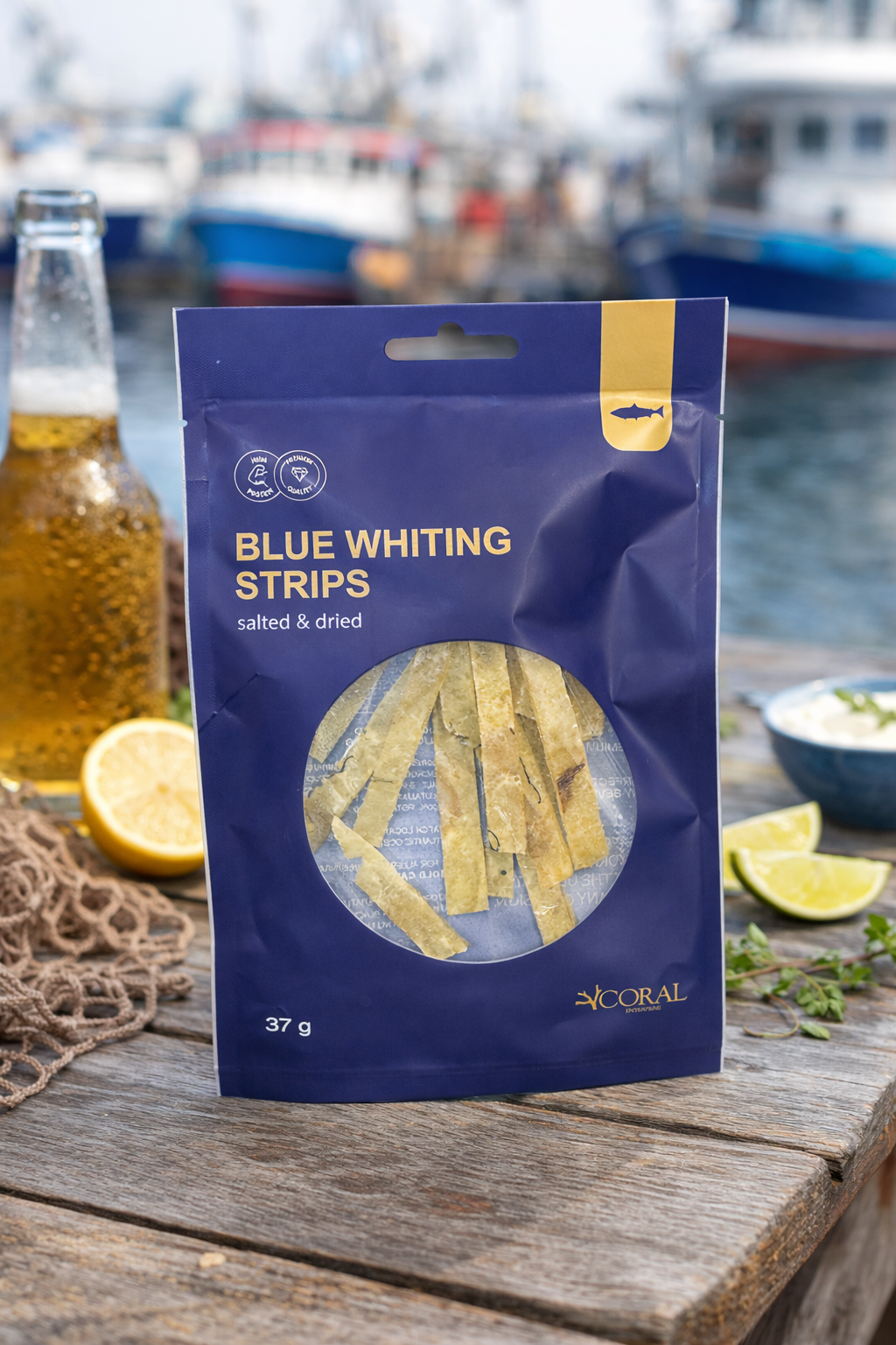 coral blue whiting strips dried fish snack 37g salted package on wooden table with lemon and beer