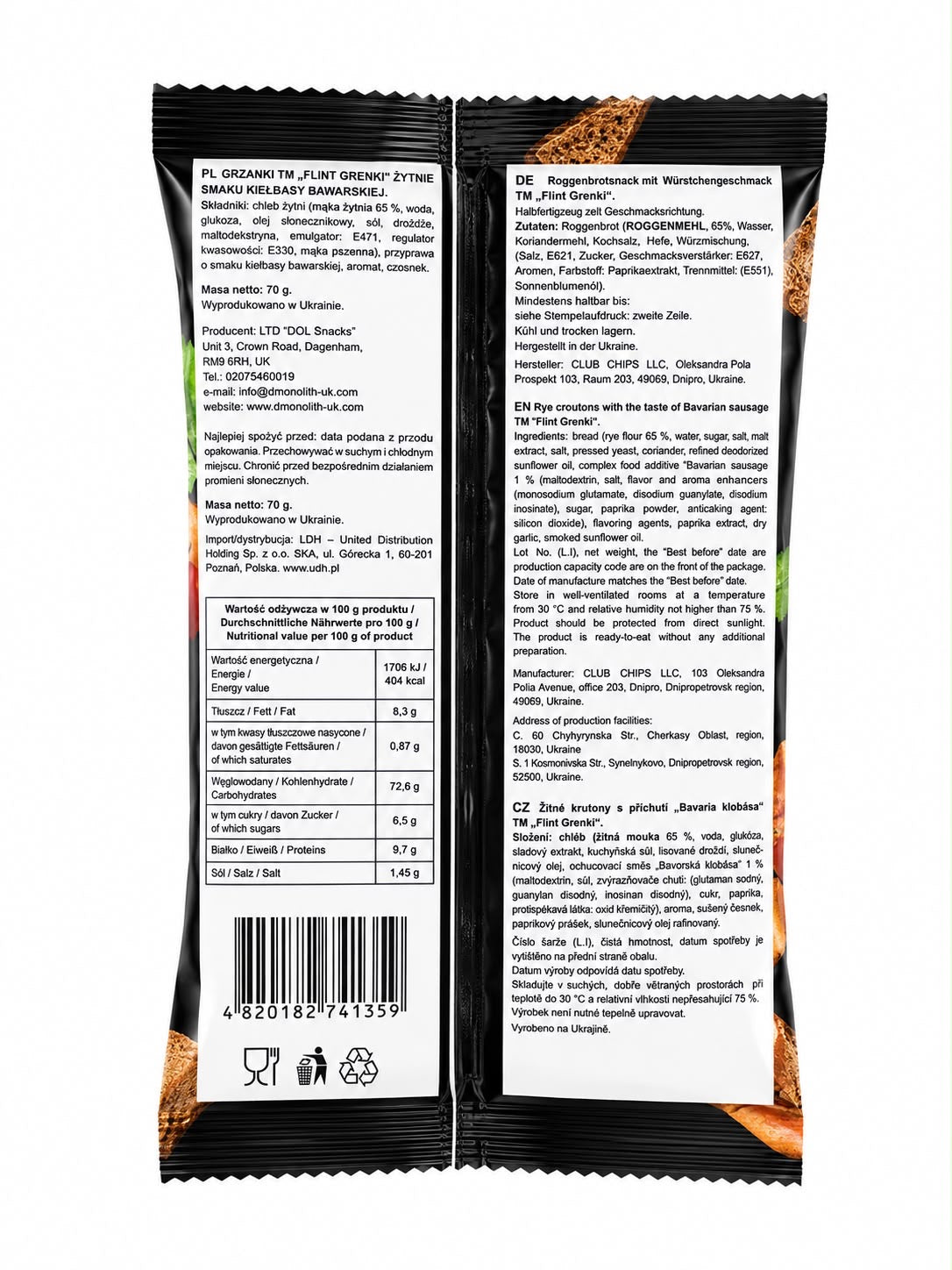 Packet of Flint Rye Crisps with Bavarian Sausages flavour showing golden rye crisps on a wooden board