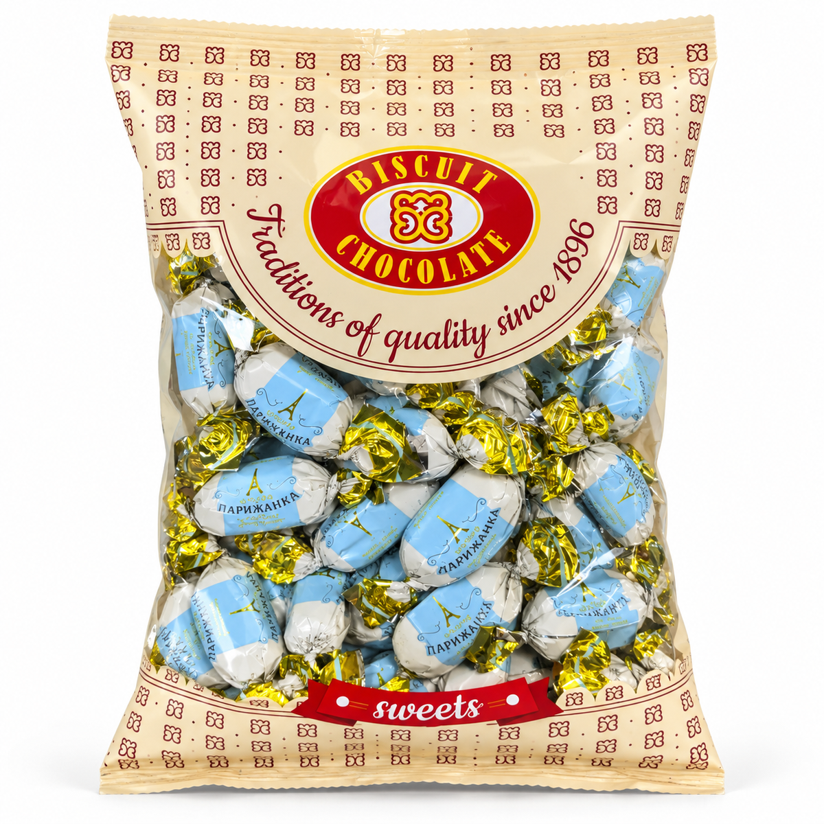 Biscuit-Chocolate Paryzhanka individually wrapped sweets in a cream sharing bag with blue, white and gold wrappers on a white background.
