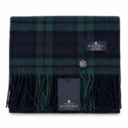 Folded Black Watch tartan 100% lambswool scarf by The House of Balmoral with branded tags and fringed ends